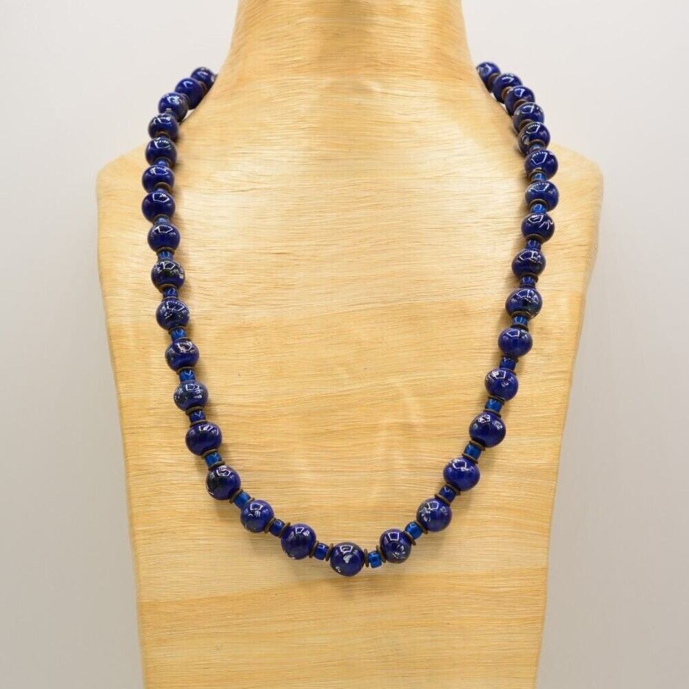 Vintage Glass Beaded Necklace Royal Blue Dark Floral Painted Wedding Cake Bin3B